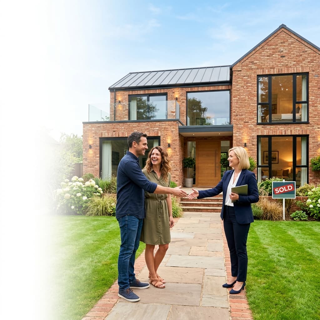 Happy couple shaking hands with agent